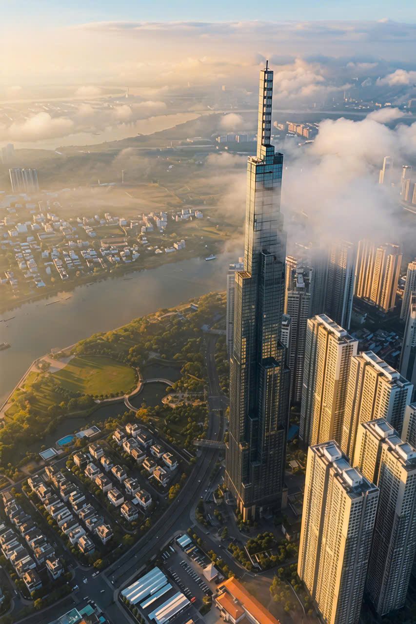 Landmark 81 nhìn từ trên cao, sông Sài Gòn uốn quanh dự án