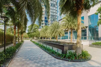 Lối đi giữa vườn cọ và tòa nhà