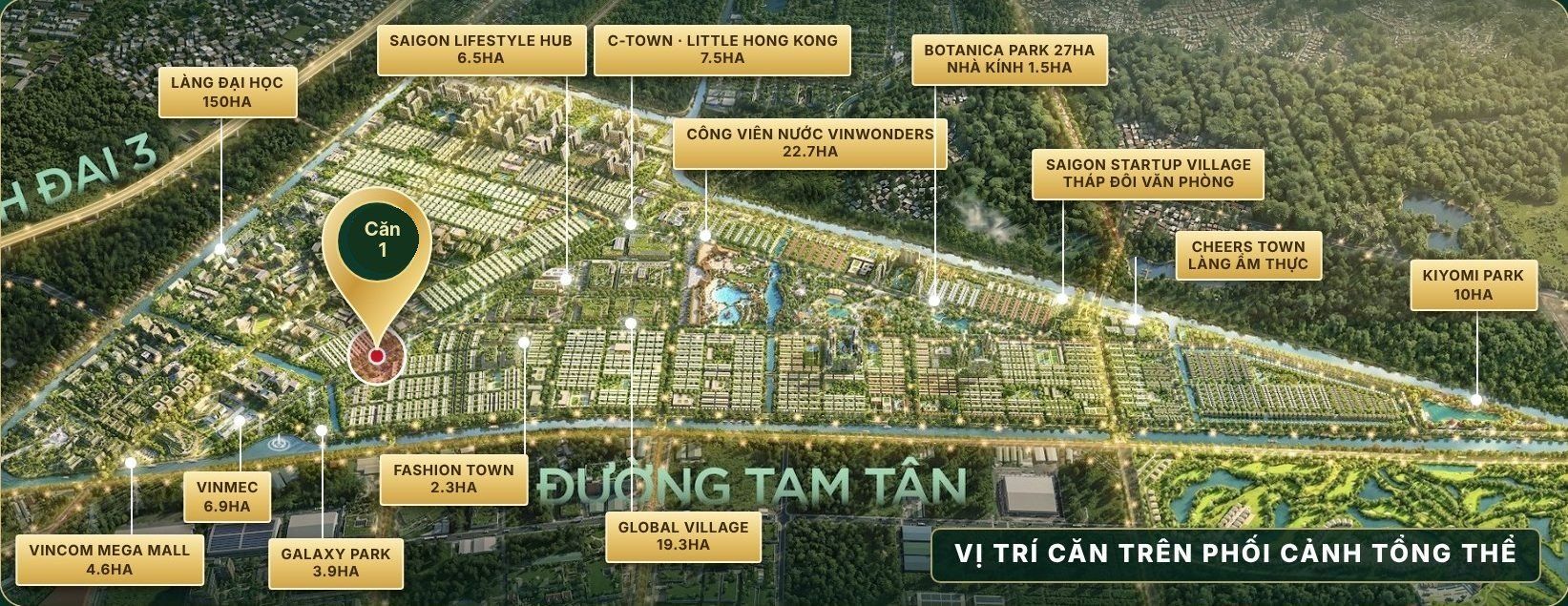 Phối cảnh tổng thể với vị trí các tiện ích lớn
