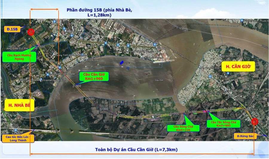 Hướng tuyến cầu Cần Giờ 7,3 km từ đường 15B tới đường Rừng Sác
