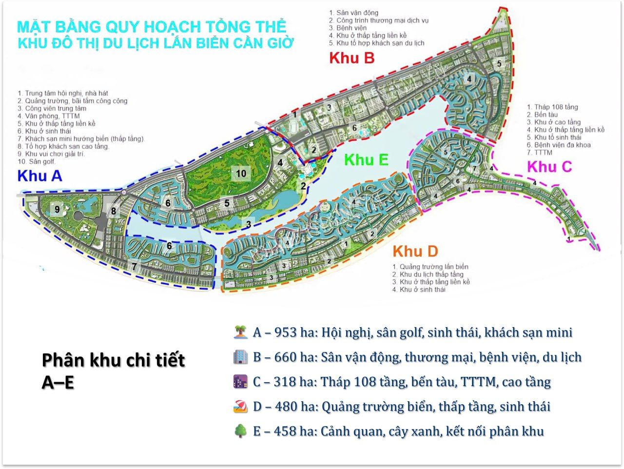 Mặt bằng quy hoạch tổng thể khu đô thị du lịch lấn biển Cần Giờ, chia 5 phân khu A – E